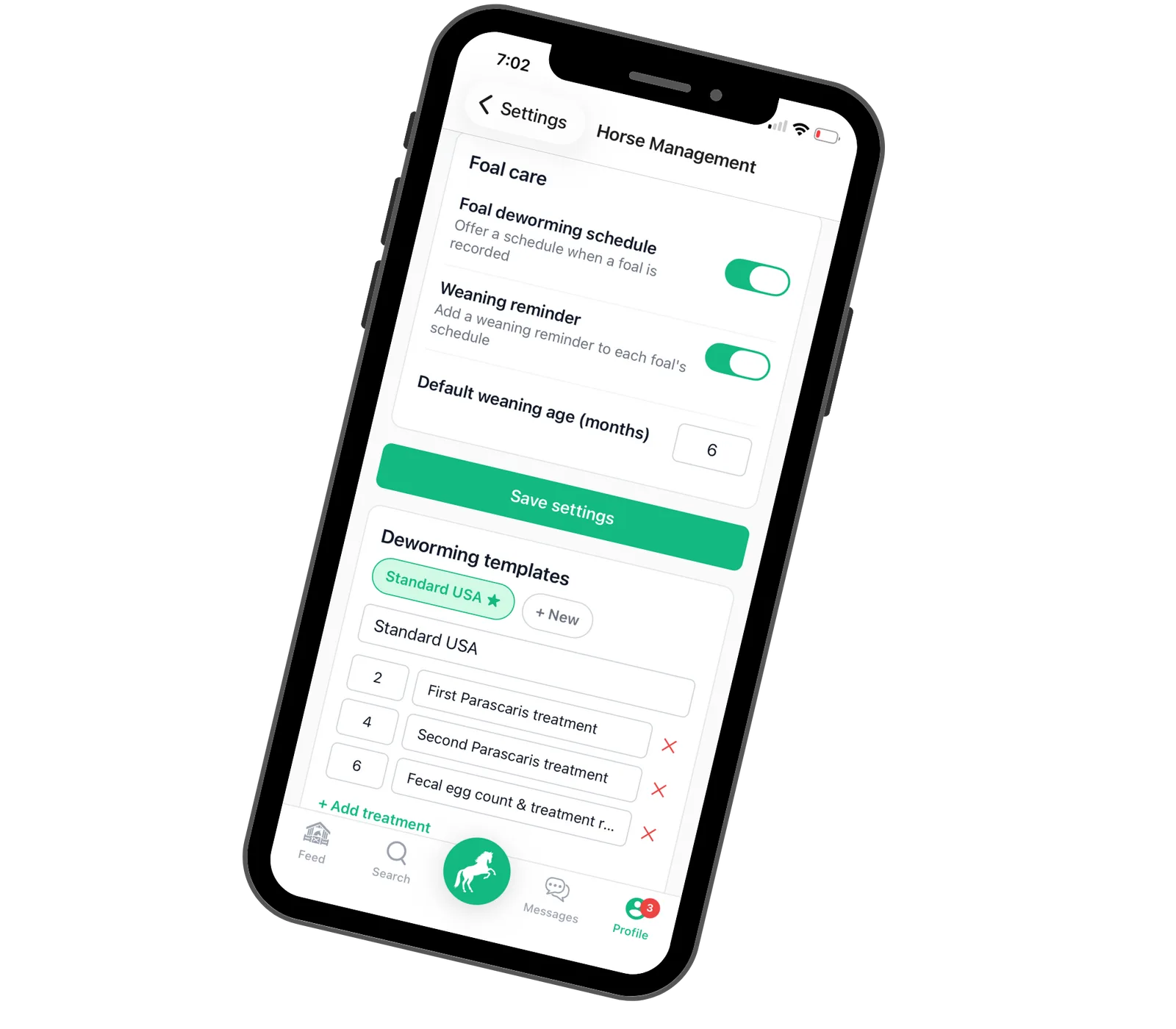 Customizable foal care and deworming templates in StallionApp, including the Standard USA schedule