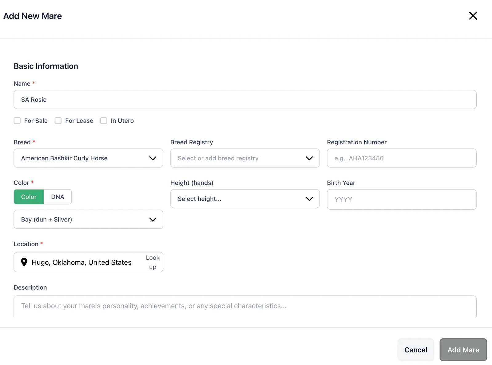 The Add New Mare modal in StallionApp, with fields for name, breed, breed registry, color, height and location