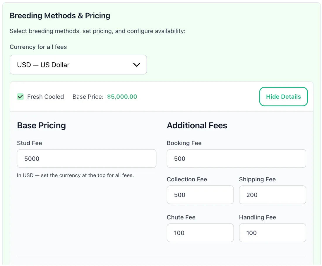 Breeding methods and pricing in StallionApp — stud fee plus booking, collection, shipping, chute and handling fees