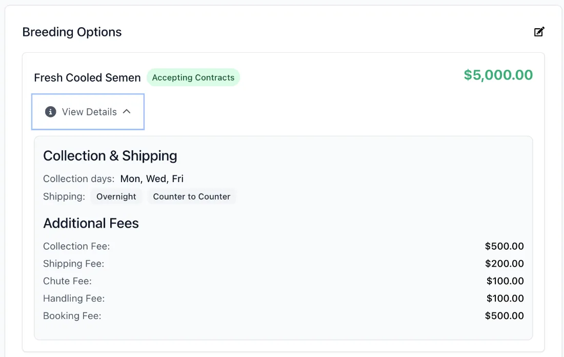 The Breeding Options section on a stallion's profile page, showing the stud fee, collection days, shipping and additional fees