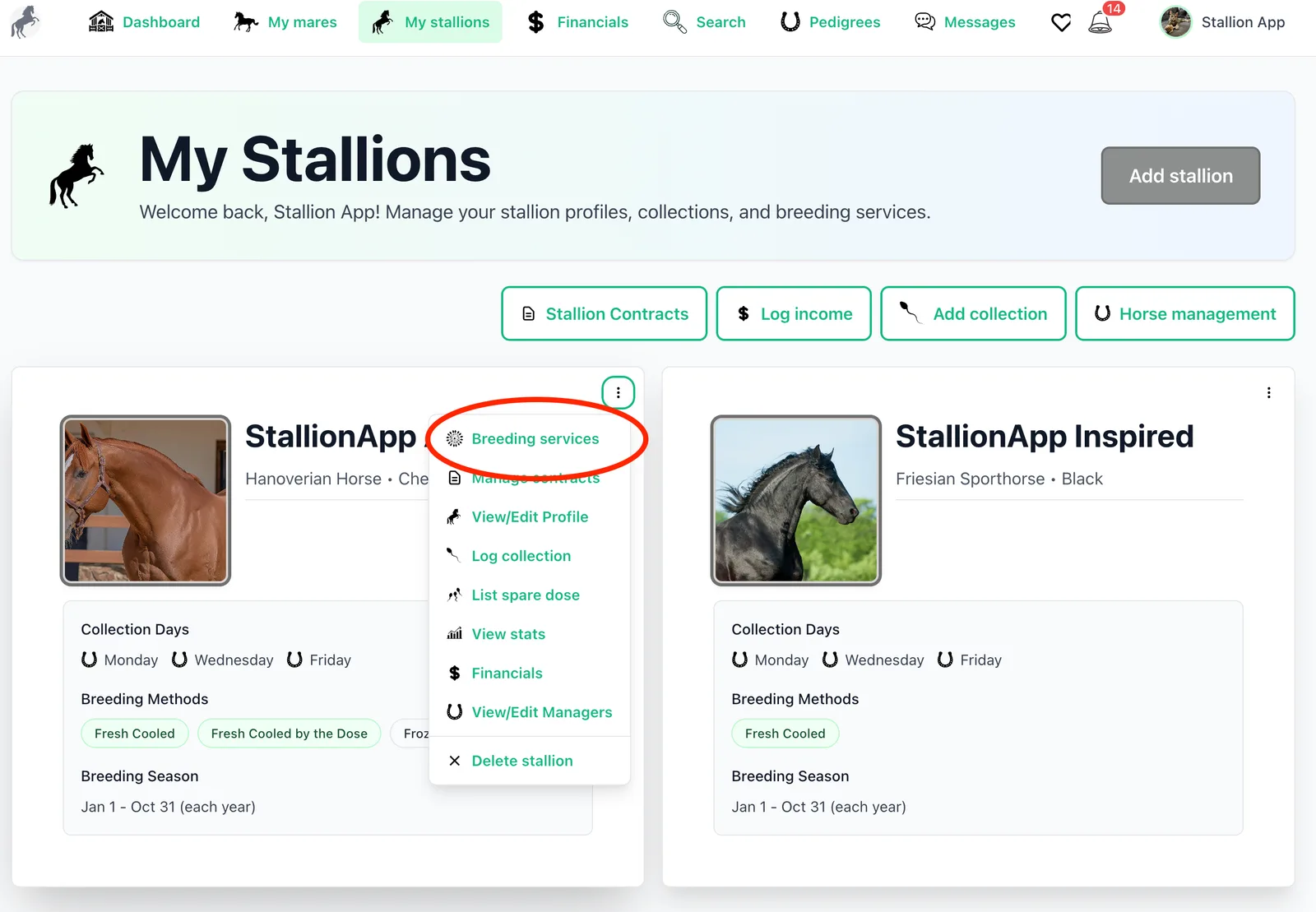 The My Stallions page in StallionApp with the Stallion Card menu open on Breeding services