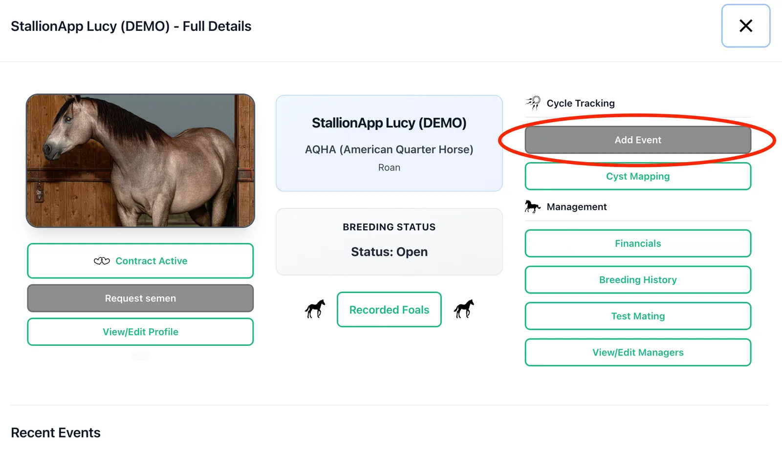 A mare's card in StallionApp with the Add Event button highlighted, alongside cycle tracking and management options