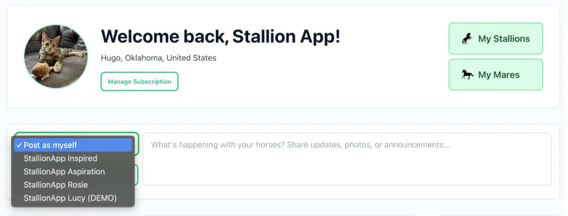 The StallionApp newsfeed composer with the dropdown open to choose which horse you are posting as