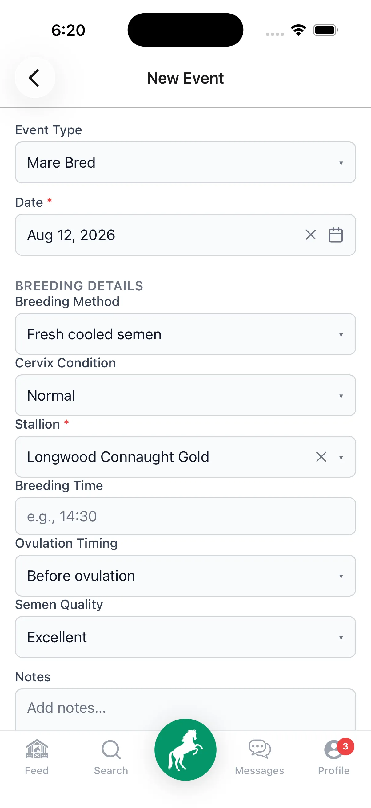 Logging a breeding in StallionApp — breeding method, cervix condition, stallion, ovulation timing and semen quality