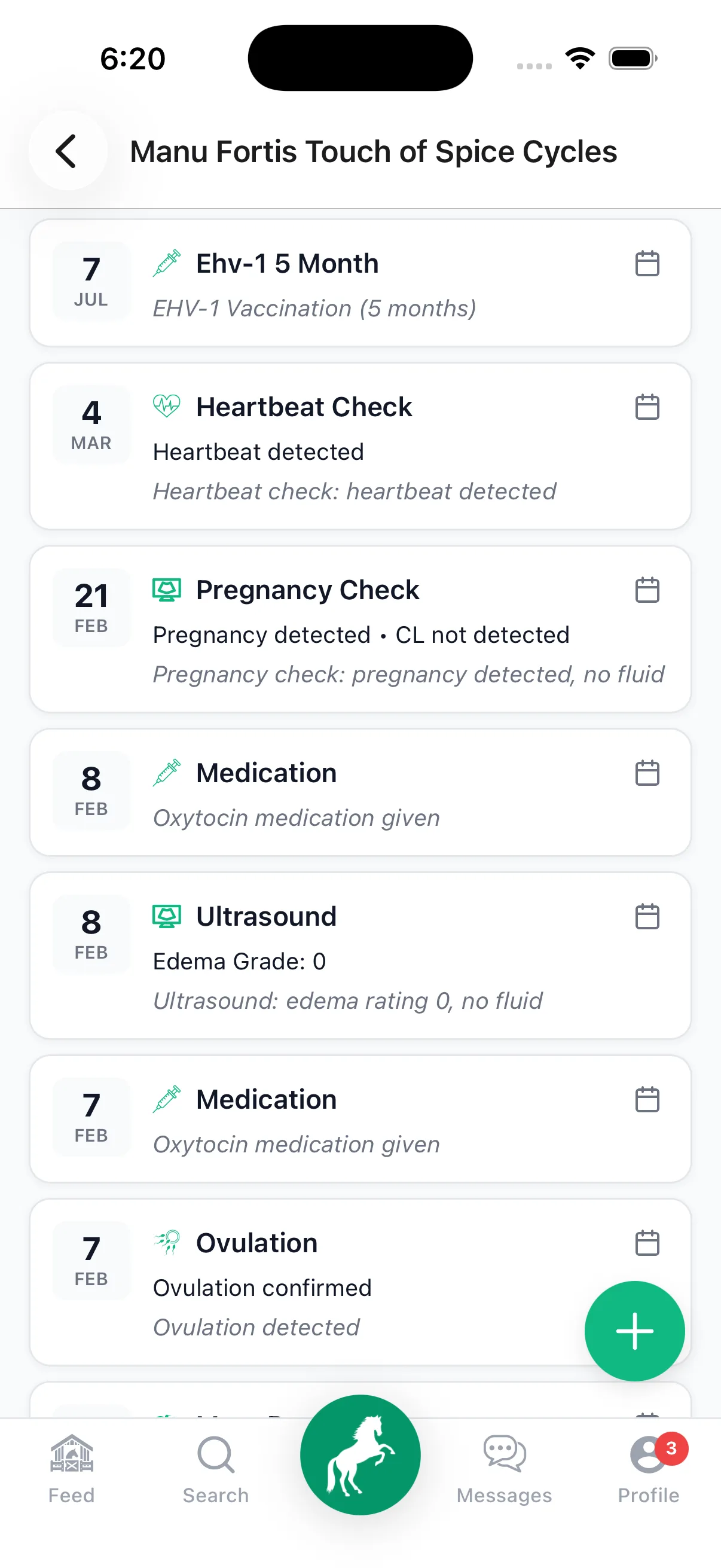 A mare's cycle history in StallionApp — vaccination, heartbeat check, pregnancy check, medications, ultrasound and ovulation in one timeline