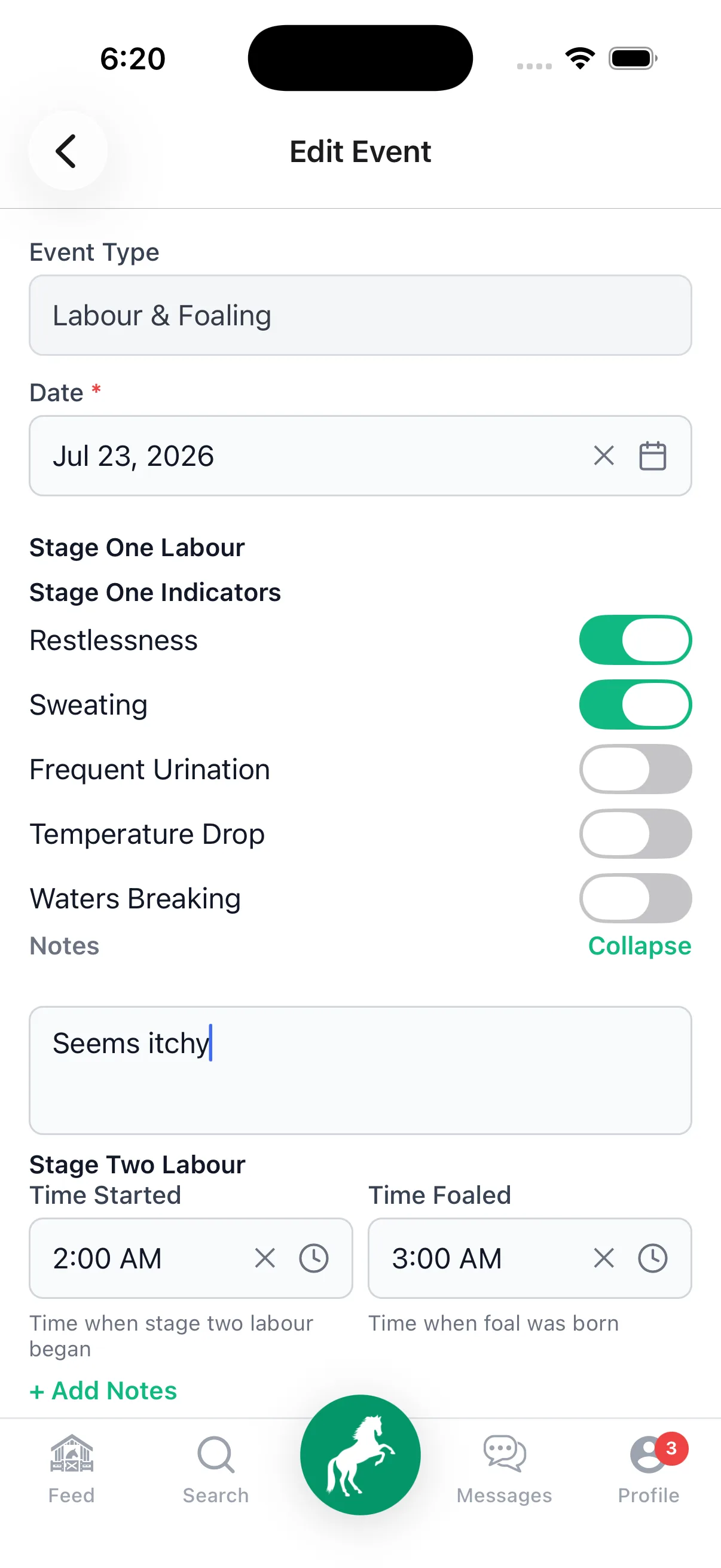 Logging labor and foaling in StallionApp — stage one indicators, notes, and stage two start and foaling times