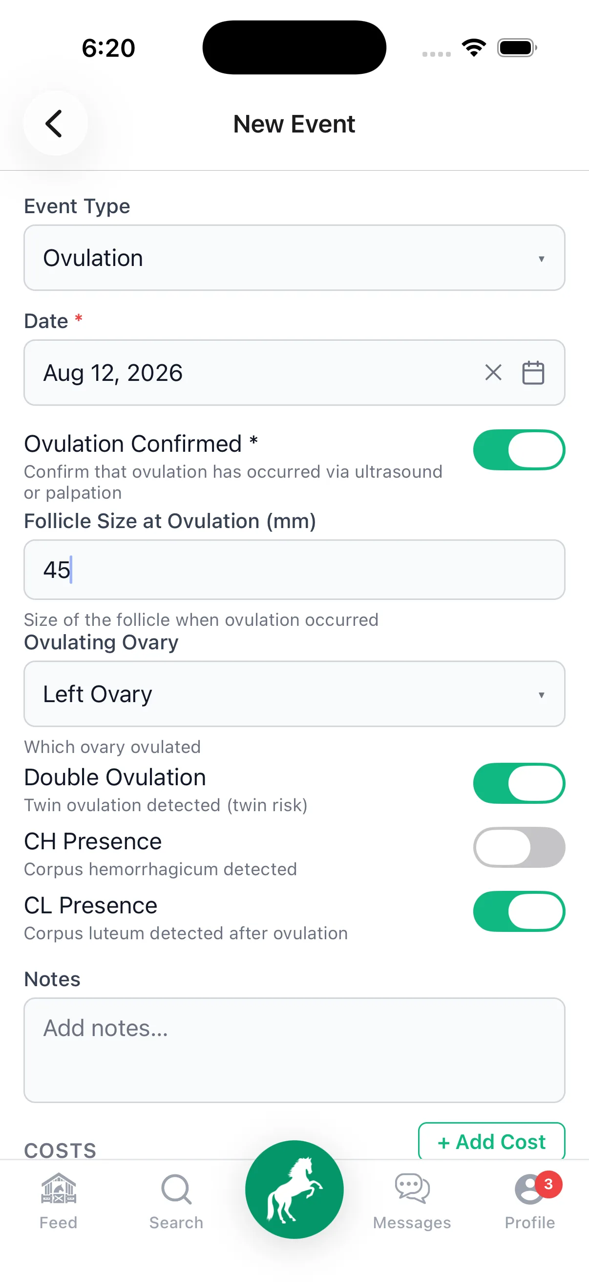 Logging an ovulation in StallionApp — follicle size, ovulating ovary, double ovulation, CH and CL presence
