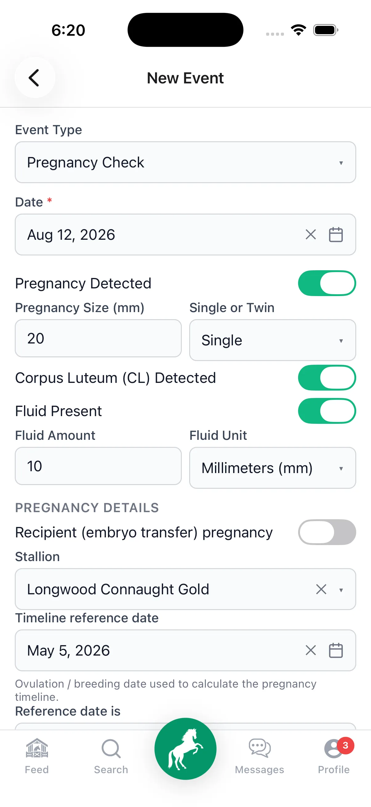 Logging a pregnancy check in StallionApp — pregnancy size, single or twin, CL, fluid, stallion and the timeline reference date