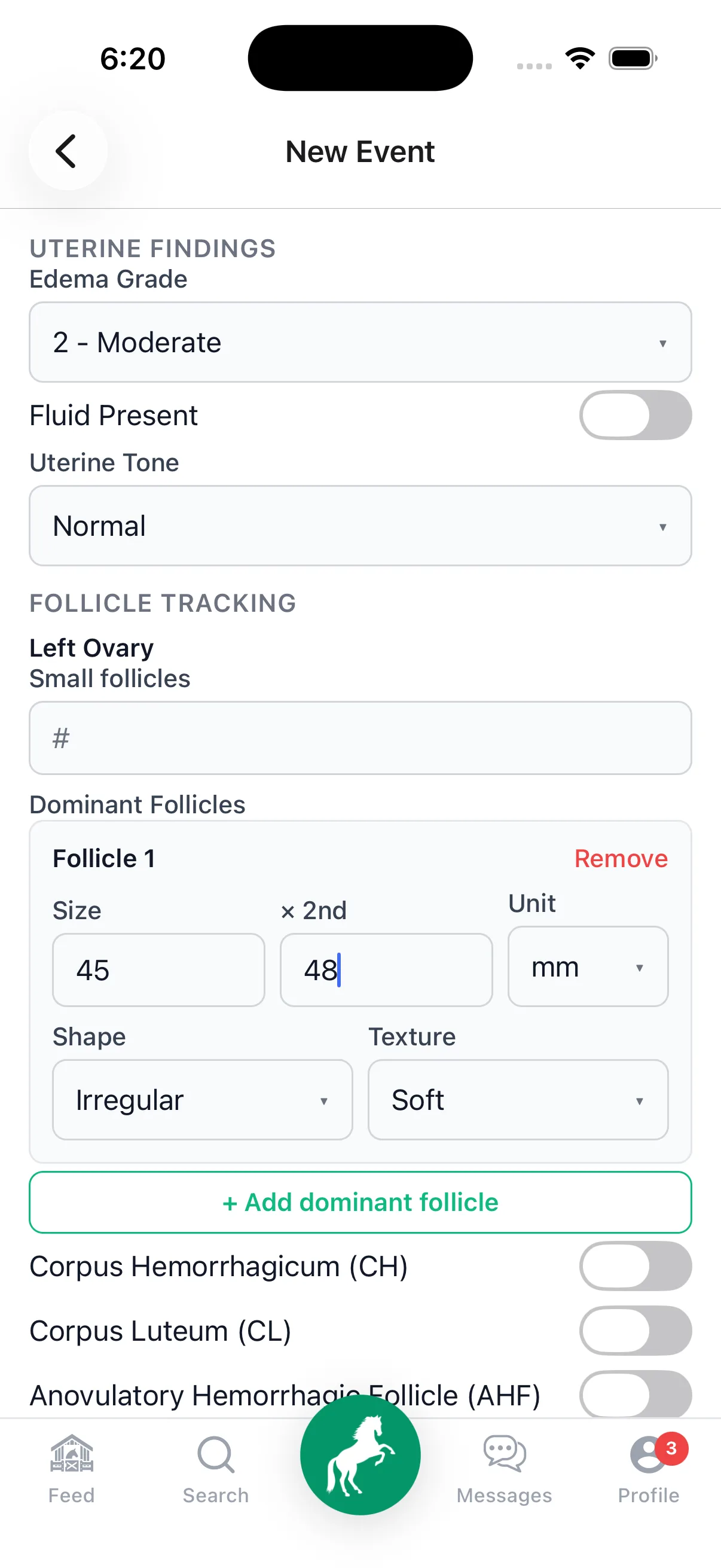 Logging an ultrasound in StallionApp — edema grade, fluid, uterine tone and follicle tracking on each ovary