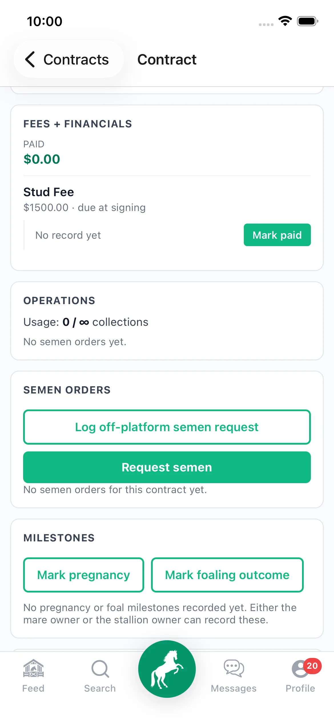 A breeding contract in StallionApp showing fees, semen orders and pregnancy and foaling milestones