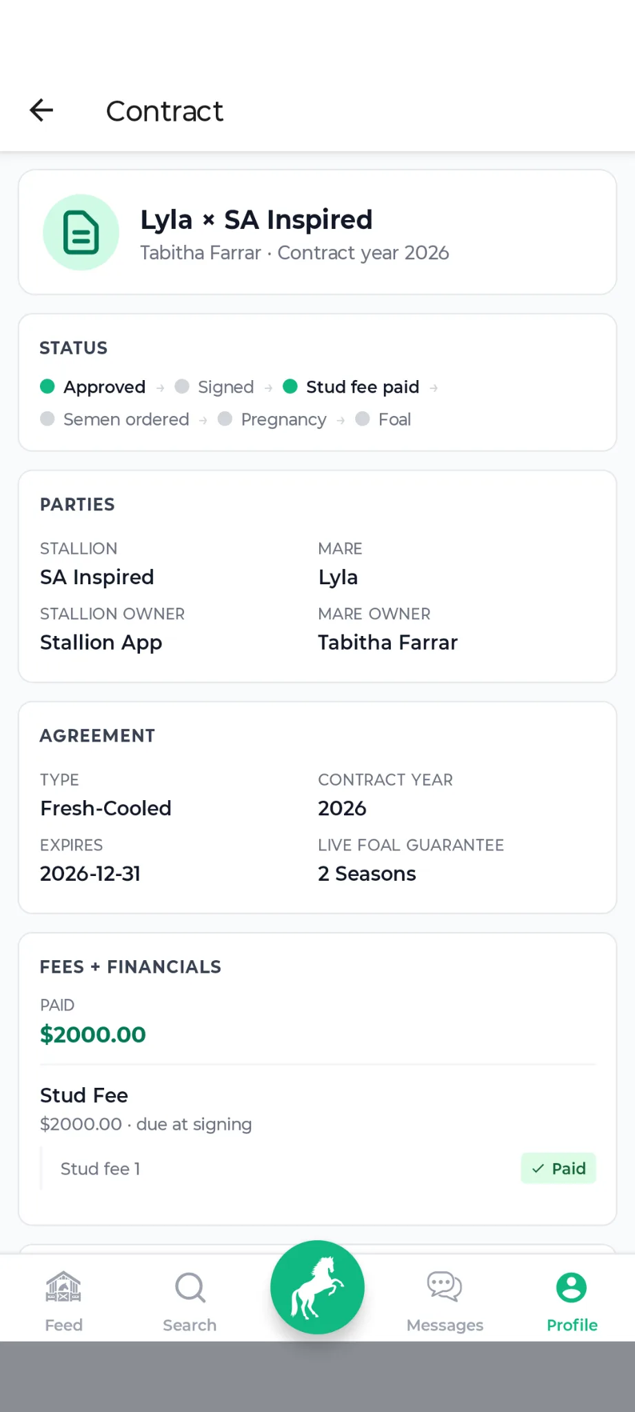 A breeding contract in StallionApp showing status, parties, agreement terms and stud fee